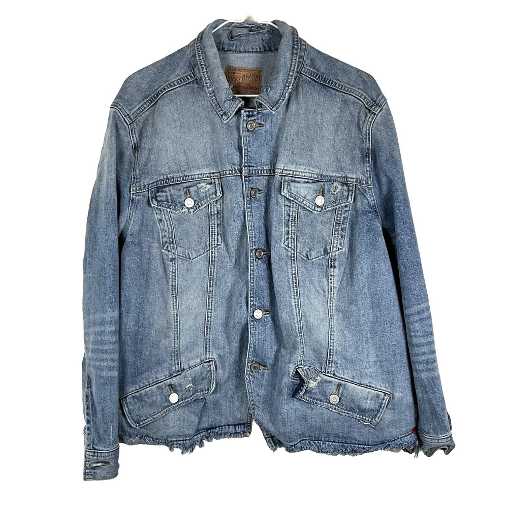 Lucky Brand Denim Jean Jacket Distressed 90s Y2K‎ Women Size L
